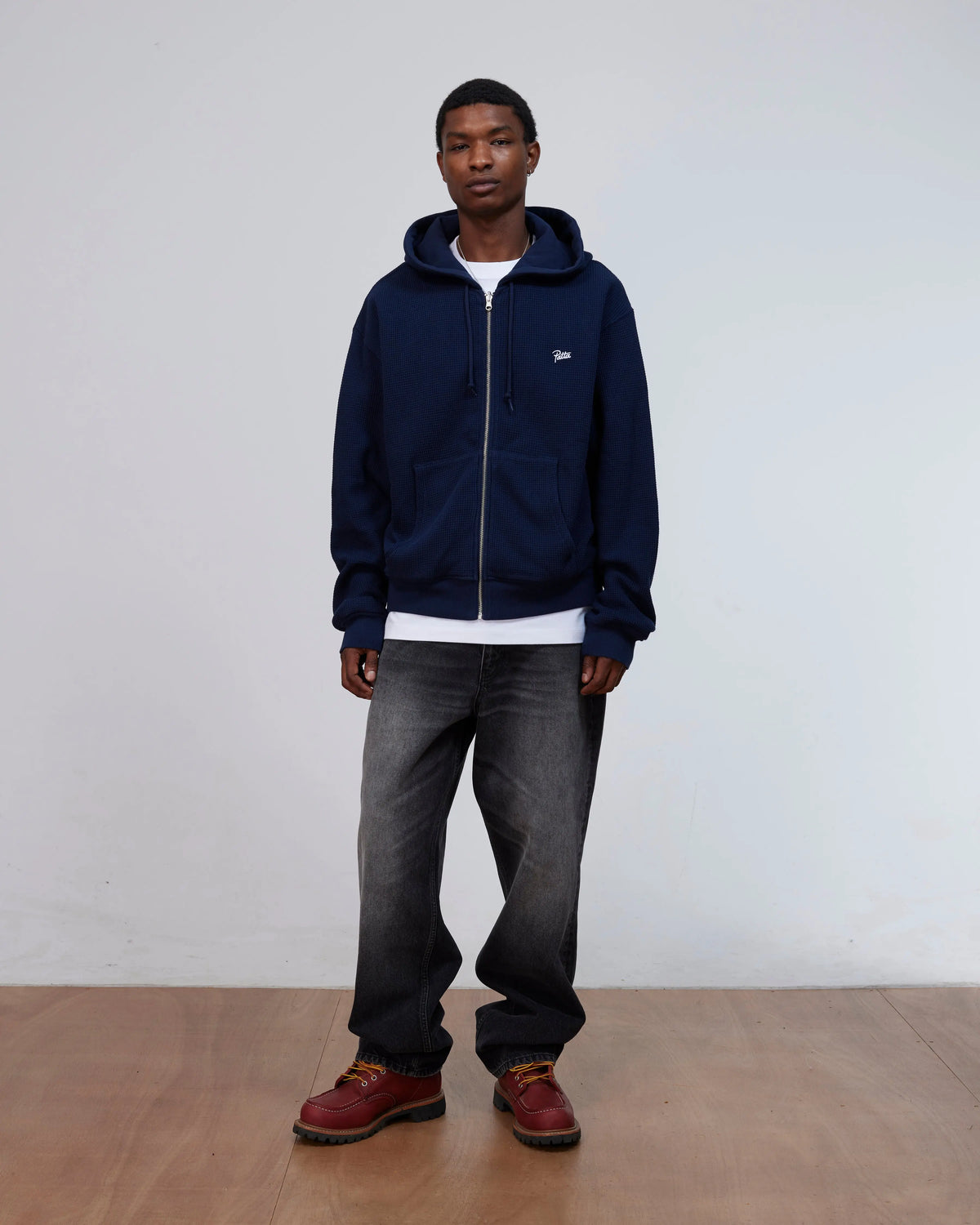 Patta Waffle Reversible Zip Up Hooded Sweater (Black Iris) Patta