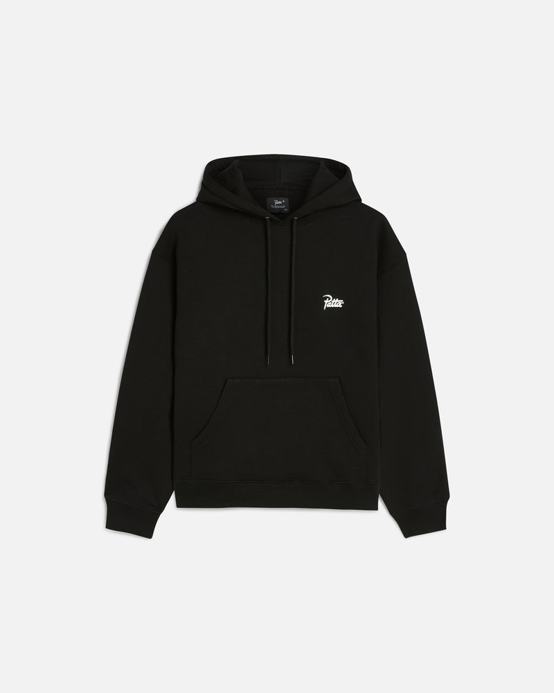 front image of the bark hoodie showing the script logo on the left hand side of the chest